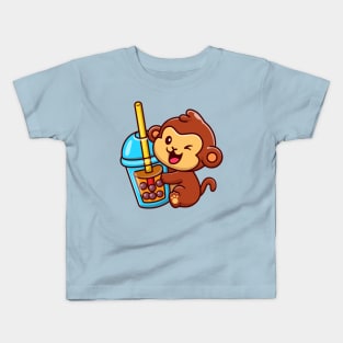 Cute Monkey With Bubble Milk Tea Cartoon Kids T-Shirt